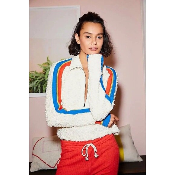 Free People Size XS Marshmallow Stripe Sweater Cream Deep Pile Rainbow Sleeve - Picture 4 of 16